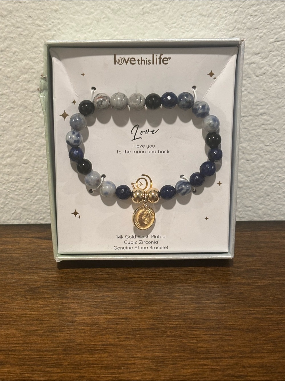 Love This Life Navy Blue and Gray Beaded Bracelet with Gold Charm